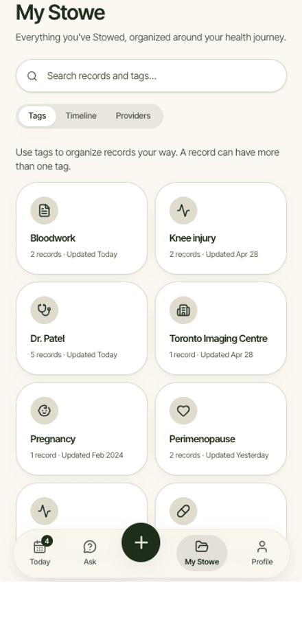 The My Stowe tab showing records organized by category