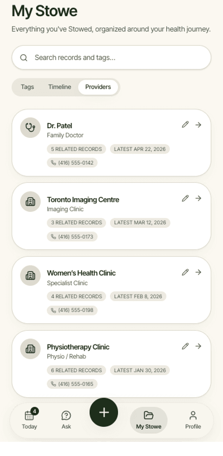 The My Stowe tab showing records filtered by care provider